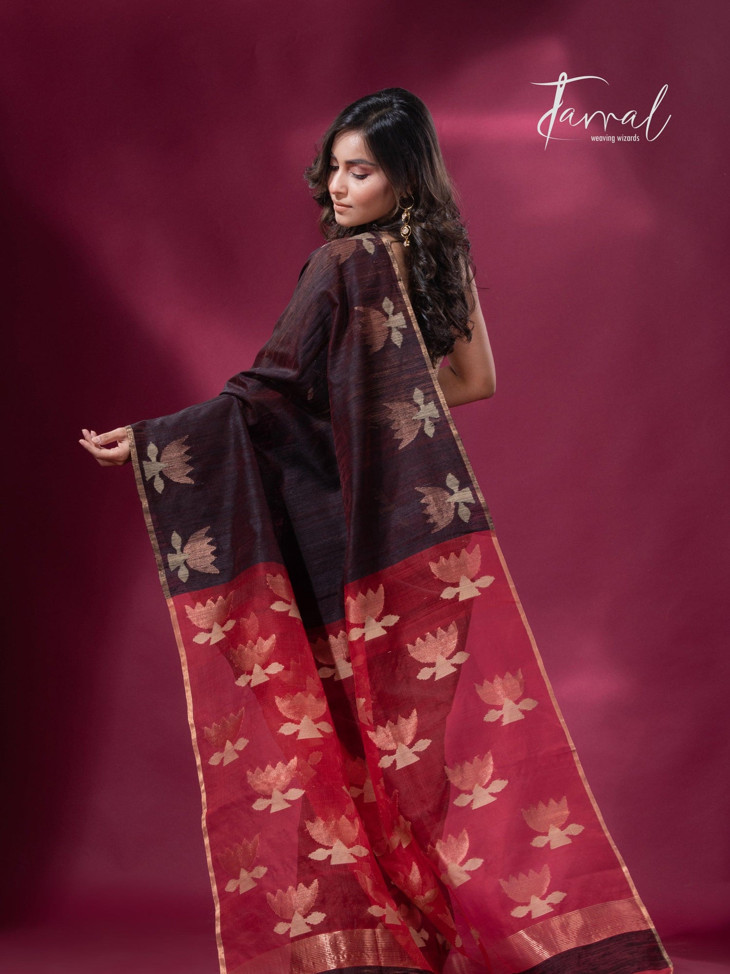 Dark brown with Red pallu golden lotus matka silk handwoven jamdani saree - Tamal Boutique