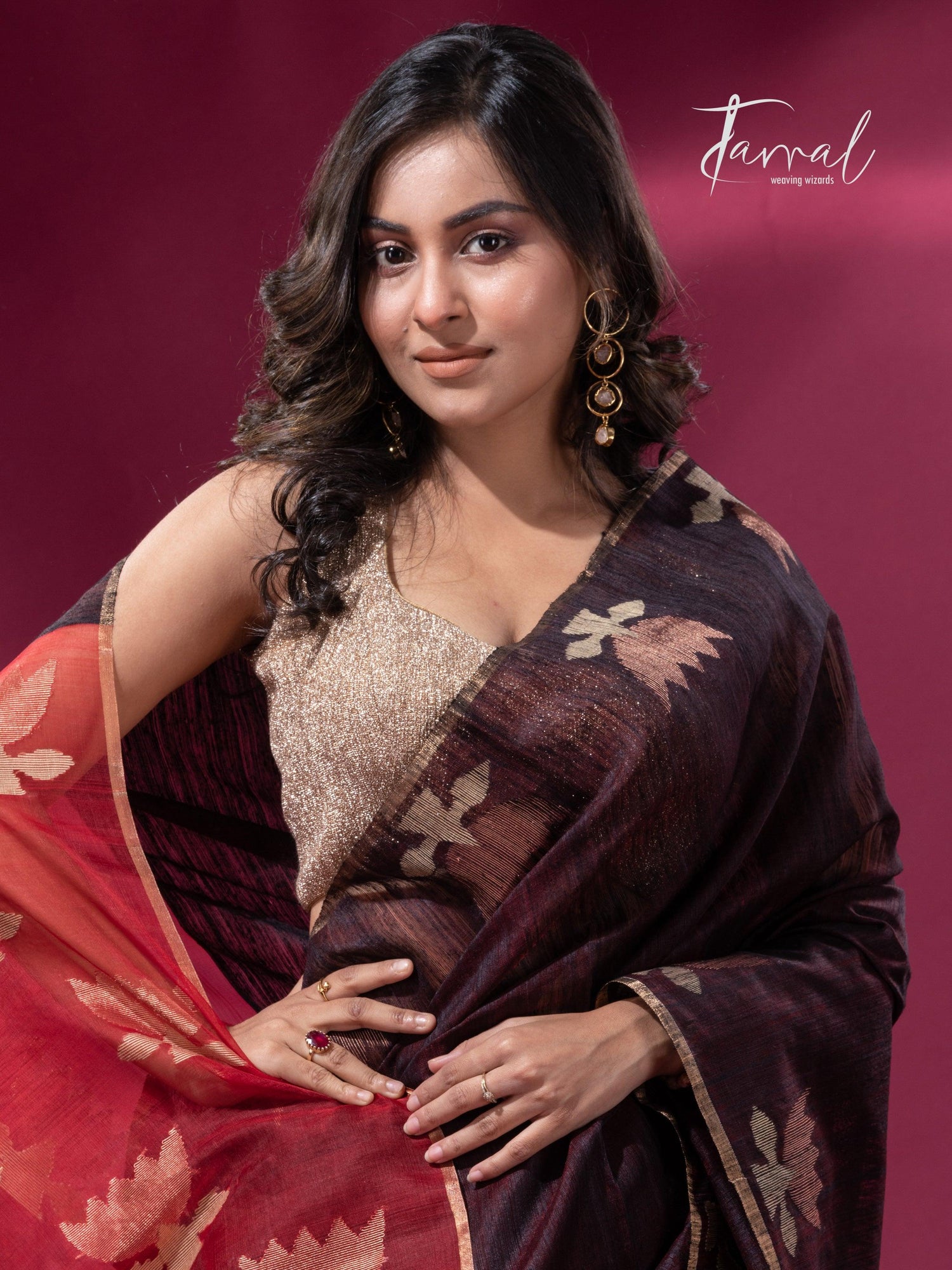 Dark brown with Red pallu golden lotus matka silk handwoven jamdani saree - Tamal Boutique