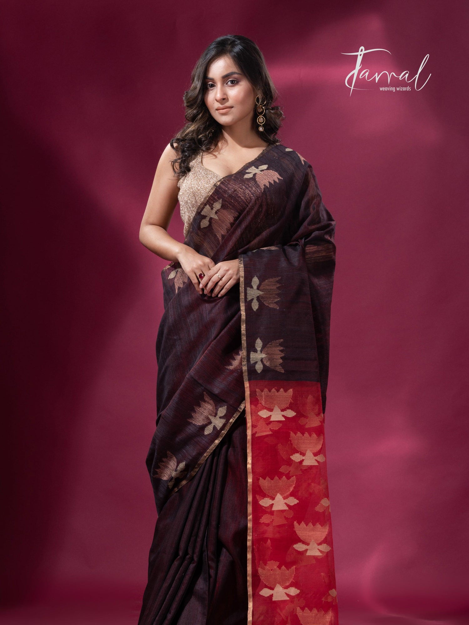 Dark brown with Red pallu golden lotus matka silk handwoven jamdani saree - Tamal Boutique