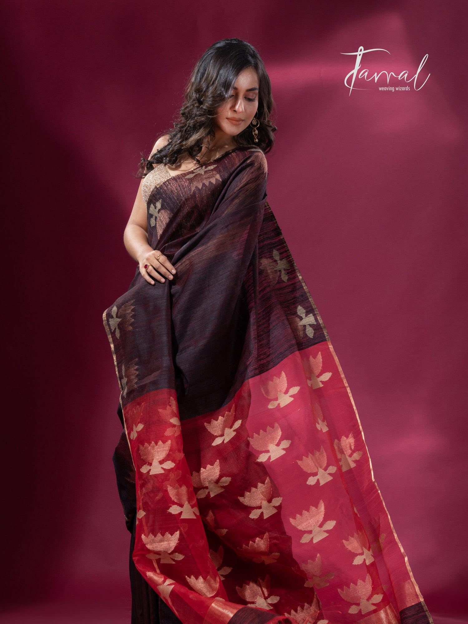 Dark brown with Red pallu golden lotus matka silk handwoven jamdani saree - Tamal Boutique