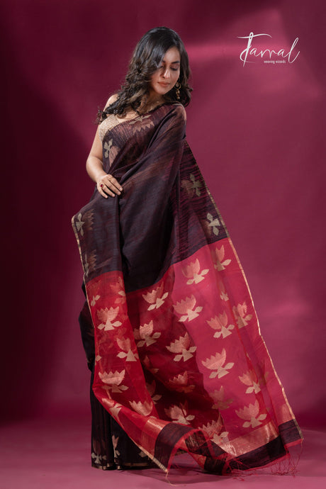 Dark brown with Red pallu golden lotus matka silk handwoven jamdani saree - Tamal Boutique