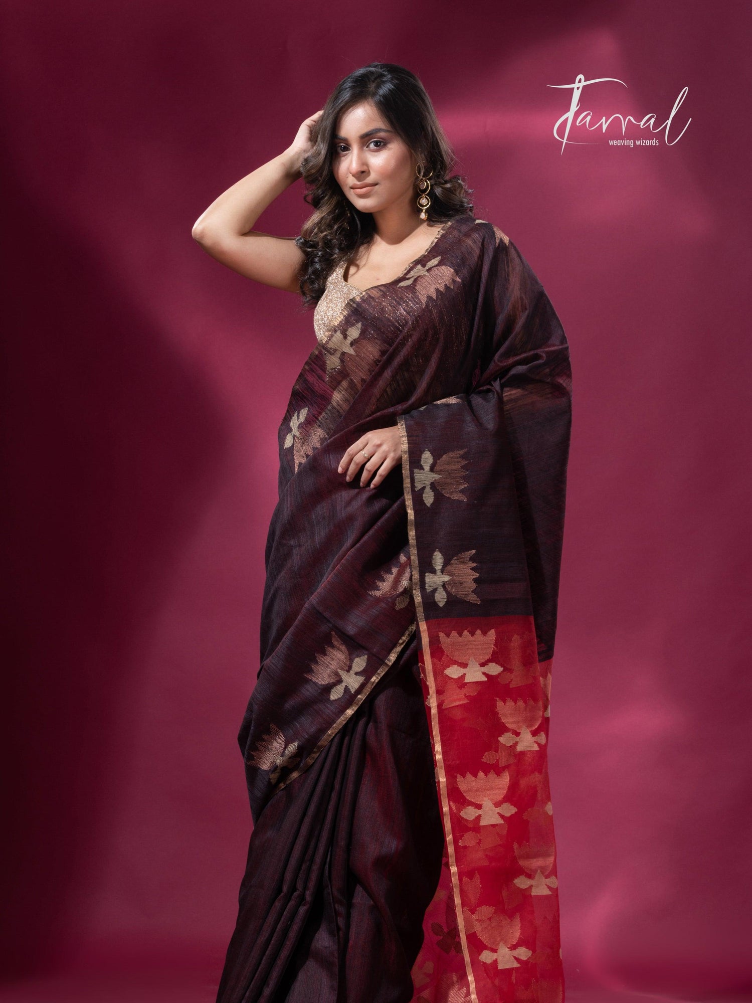 Dark brown with Red pallu golden lotus matka silk handwoven jamdani saree - Tamal Boutique