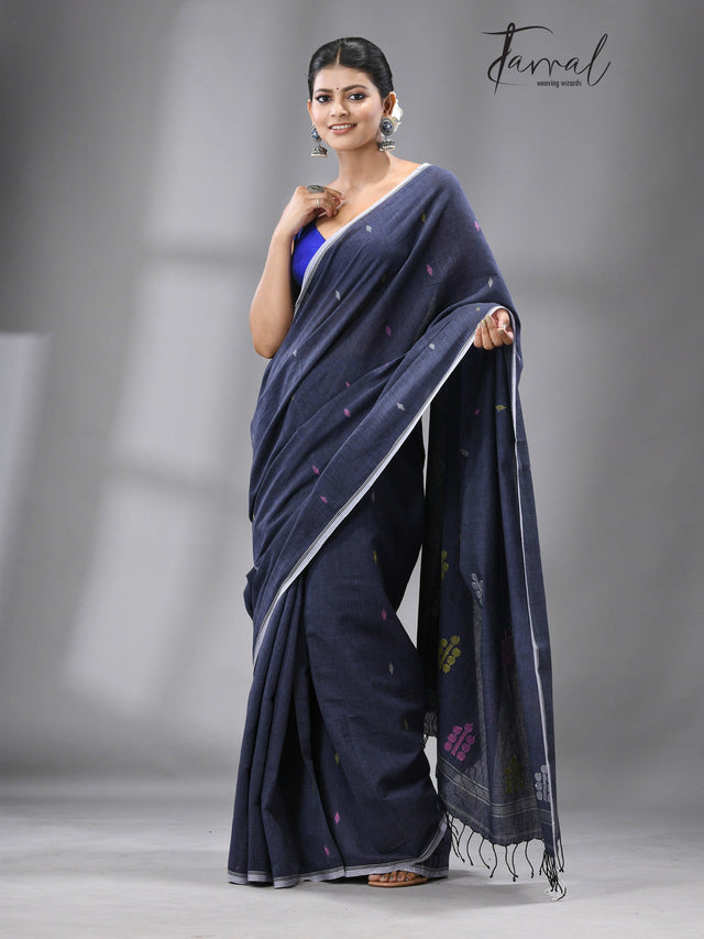 Dark grey with multi colour coin design cotton handwoven jamdani saree - Tamal Boutique