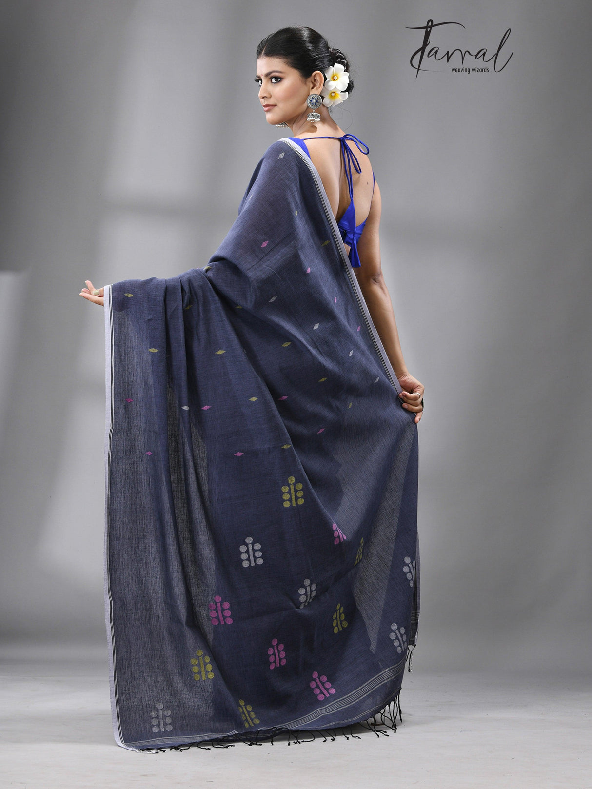 Dark grey with multi colour coin design cotton handwoven jamdani saree - Tamal Boutique