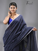 Dark grey with multi colour coin design cotton handwoven jamdani saree - Tamal Boutique