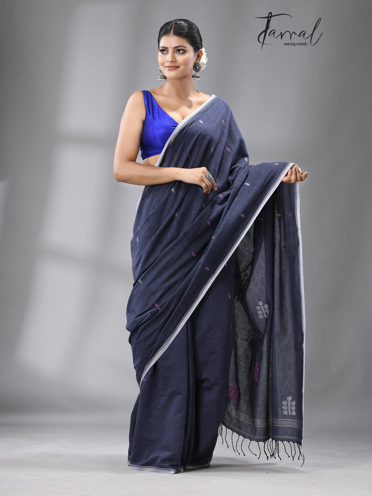 Dark grey with multi colour coin design cotton handwoven jamdani saree - Tamal Boutique