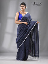 Dark grey with multi colour coin design cotton handwoven jamdani saree - Tamal Boutique