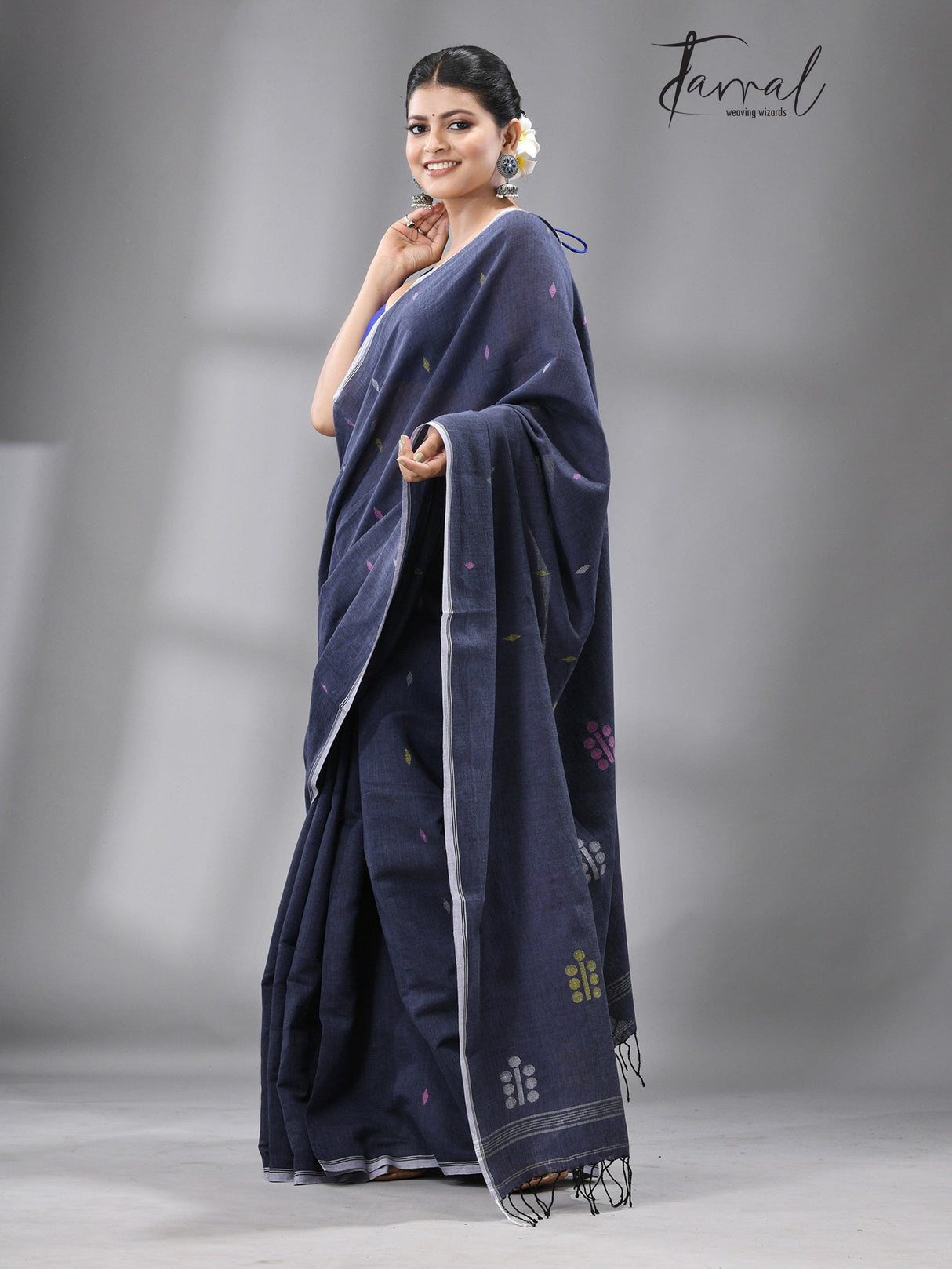 Dark grey with multi colour coin design cotton handwoven jamdani saree - Tamal Boutique