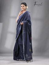 Dark grey with multi colour coin design cotton handwoven jamdani saree - Tamal Boutique