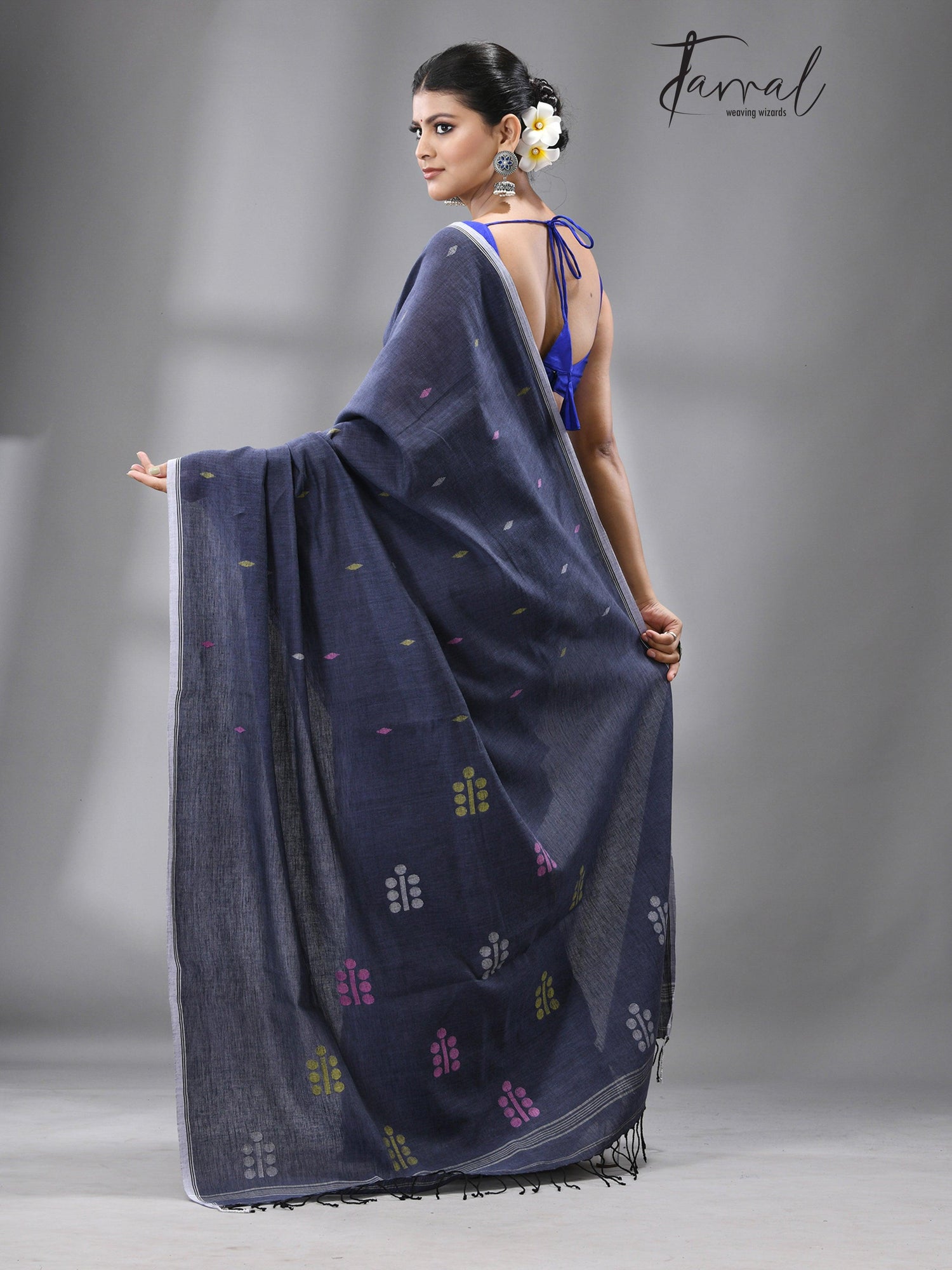 Dark grey with multicolour pure cotton handwoven jamdani saree