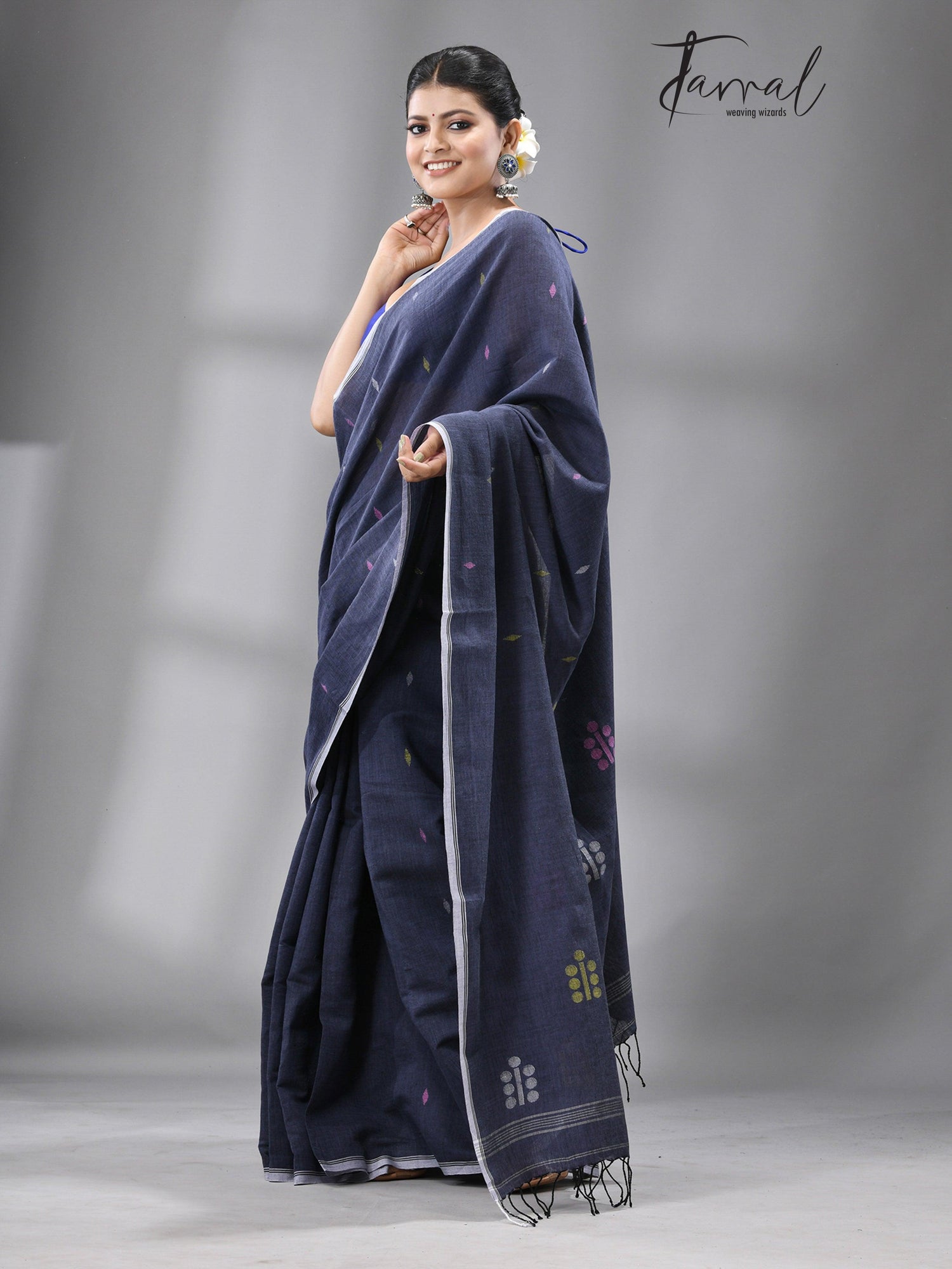 Dark grey with multicolour pure cotton handwoven jamdani saree