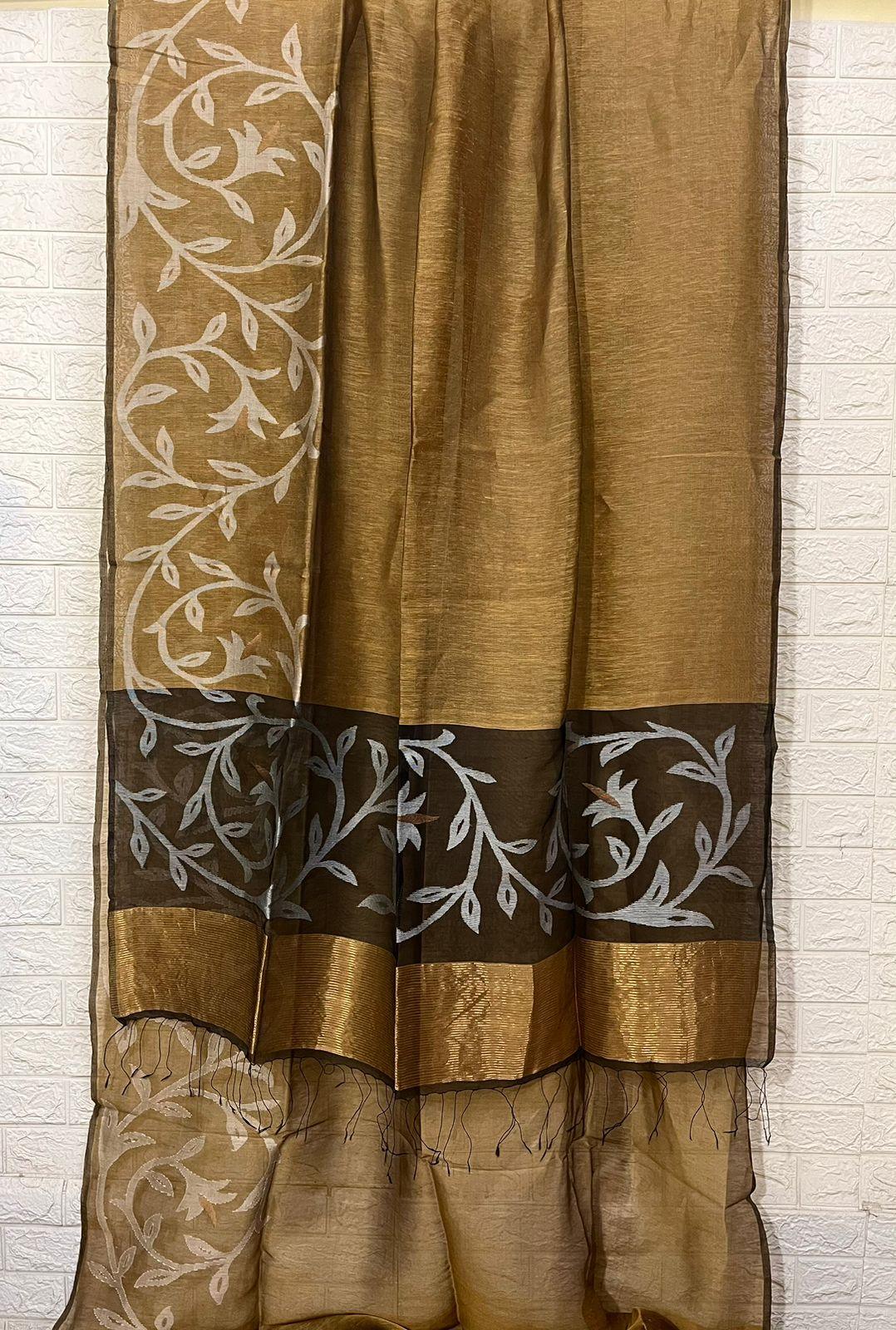 Golden beige with black colour floral border silk linen handwoven jamdani saree - Tamal Boutique