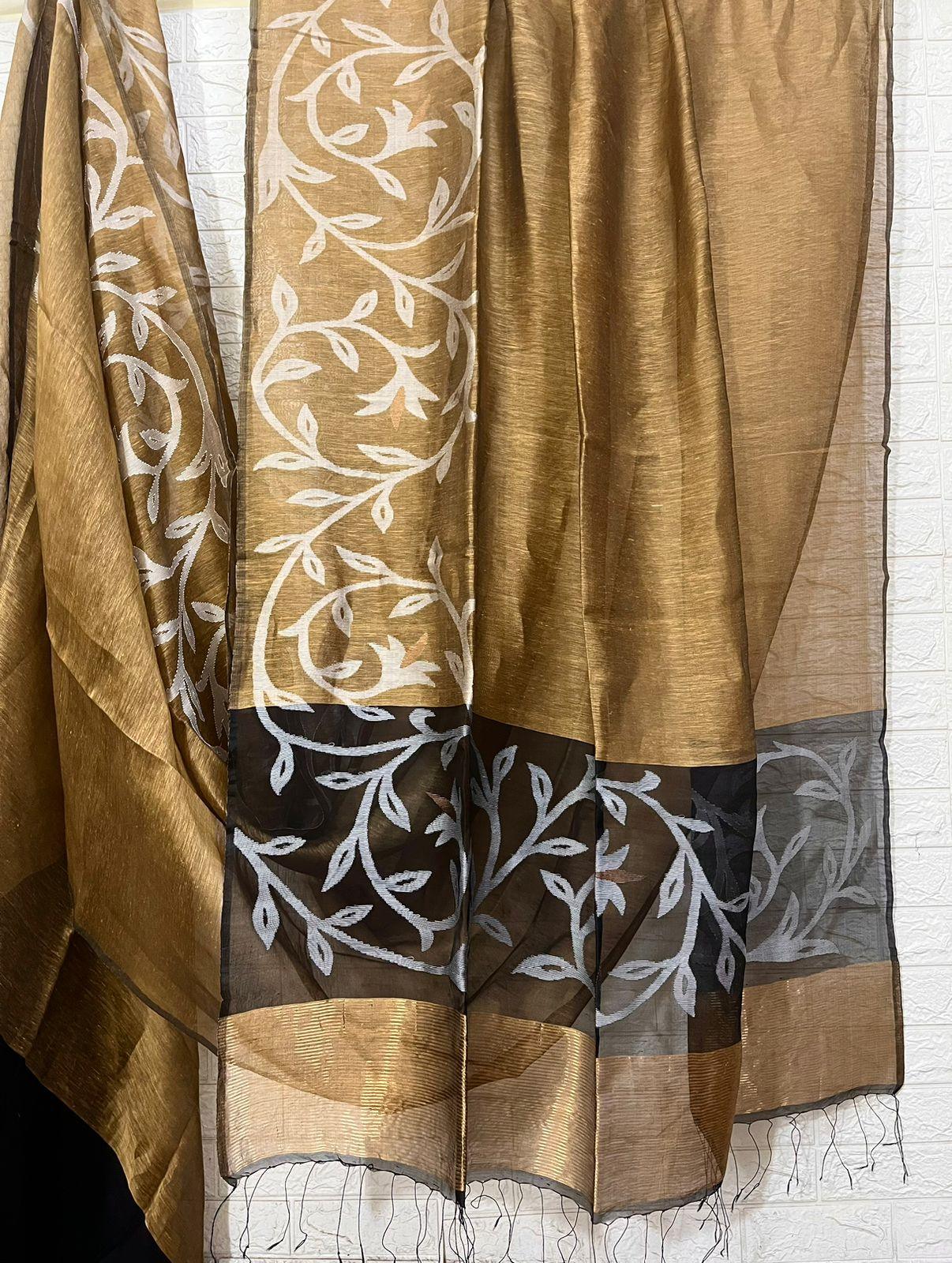 Golden beige with black colour floral border silk linen handwoven jamdani saree - Tamal Boutique