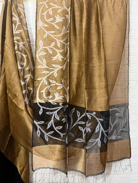 Golden beige with black colour floral border silk linen handwoven jamdani saree - Tamal Boutique