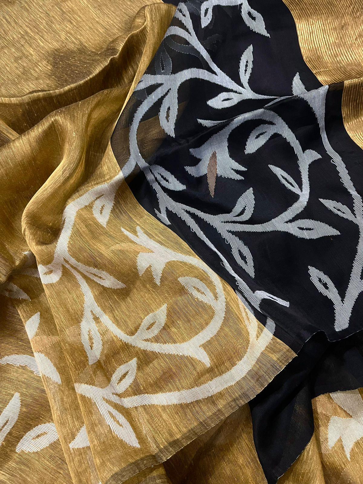 Golden beige with black colour floral border silk linen handwoven jamdani saree - Tamal Boutique
