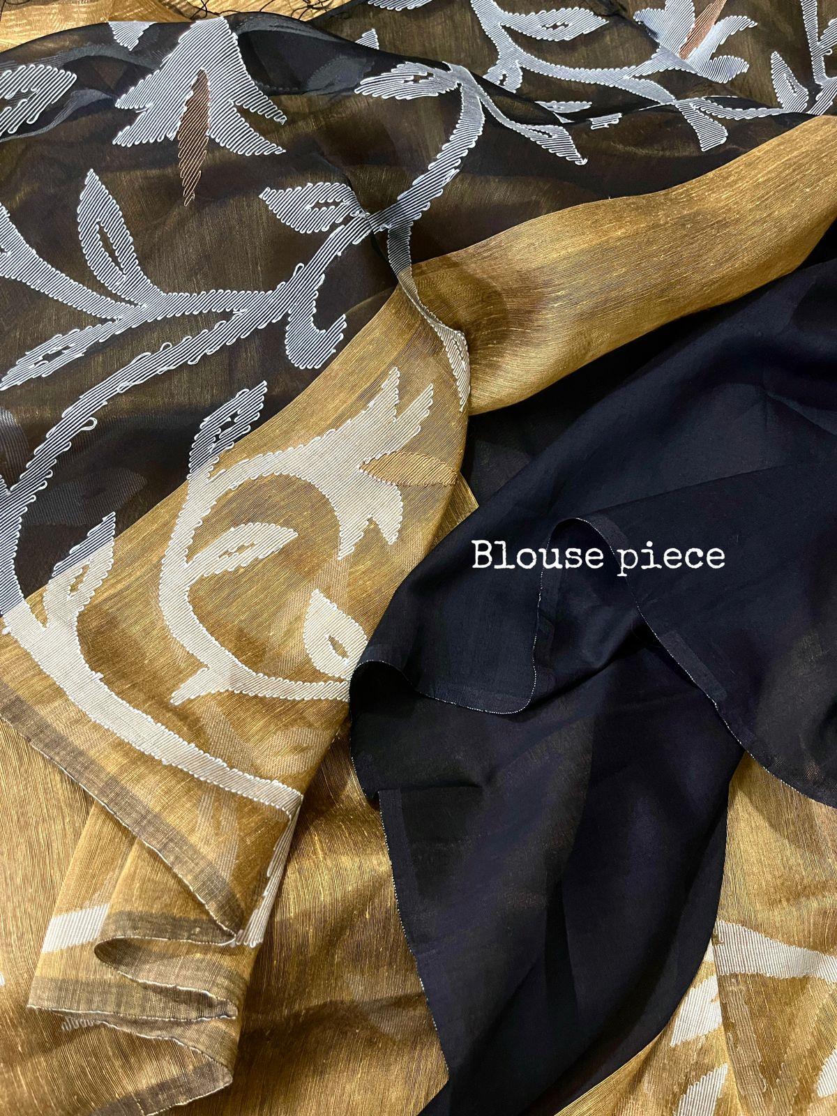 Golden beige with black colour floral border silk linen handwoven jamdani saree - Tamal Boutique