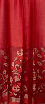 Cherry red silk linen handwoven jamdani saree - Tamal Boutique
