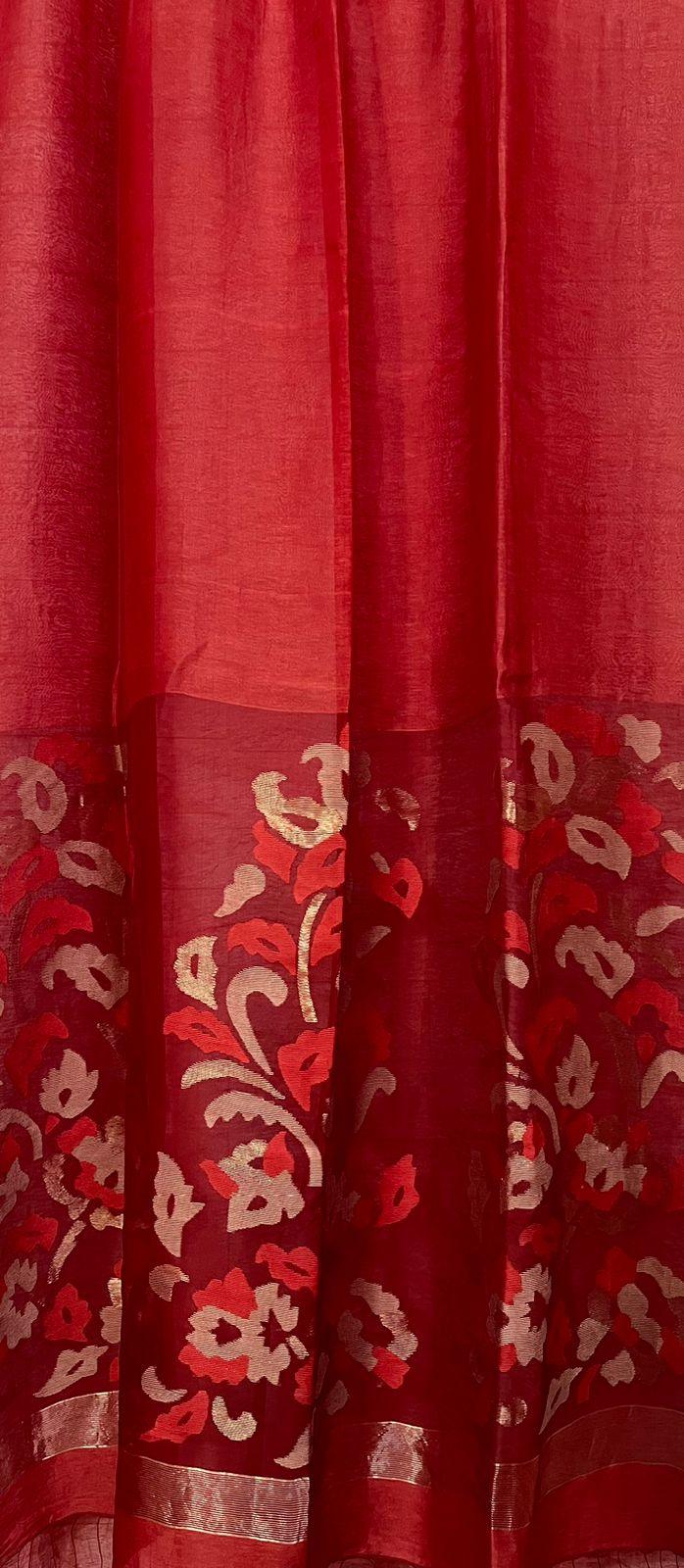 Cherry red silk linen handwoven jamdani saree - Tamal Boutique