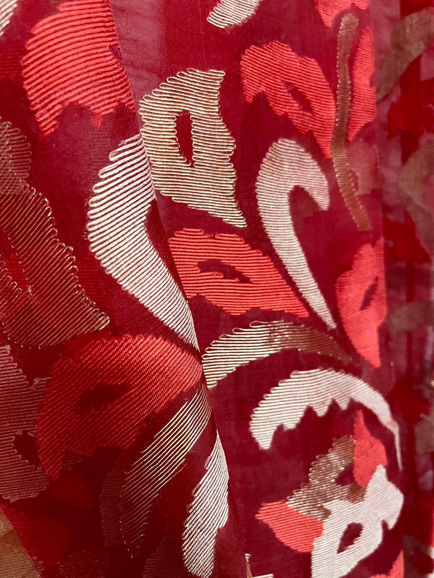 Cherry red silk linen handwoven jamdani saree - Tamal Boutique