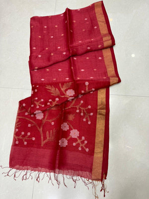 Dark Red with zari border floral border silk linen handwoven jamdani saree - Tamal Boutique