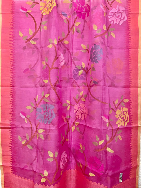 Dark rose pink allover rose motifs muslin silk handwoven jamdani saree