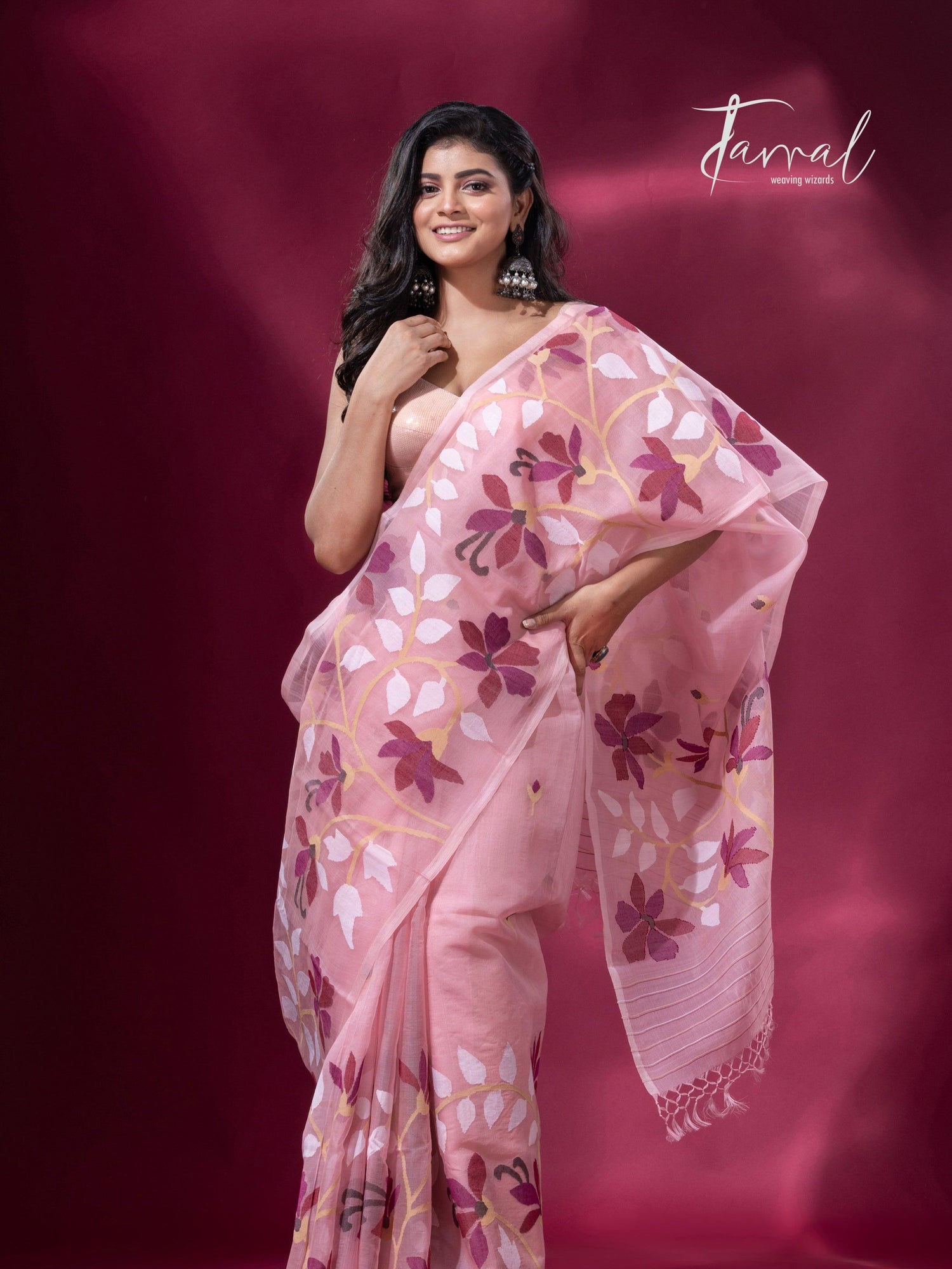 Deep Dust Pink & maroon muslin silk handwoven jamdani saree