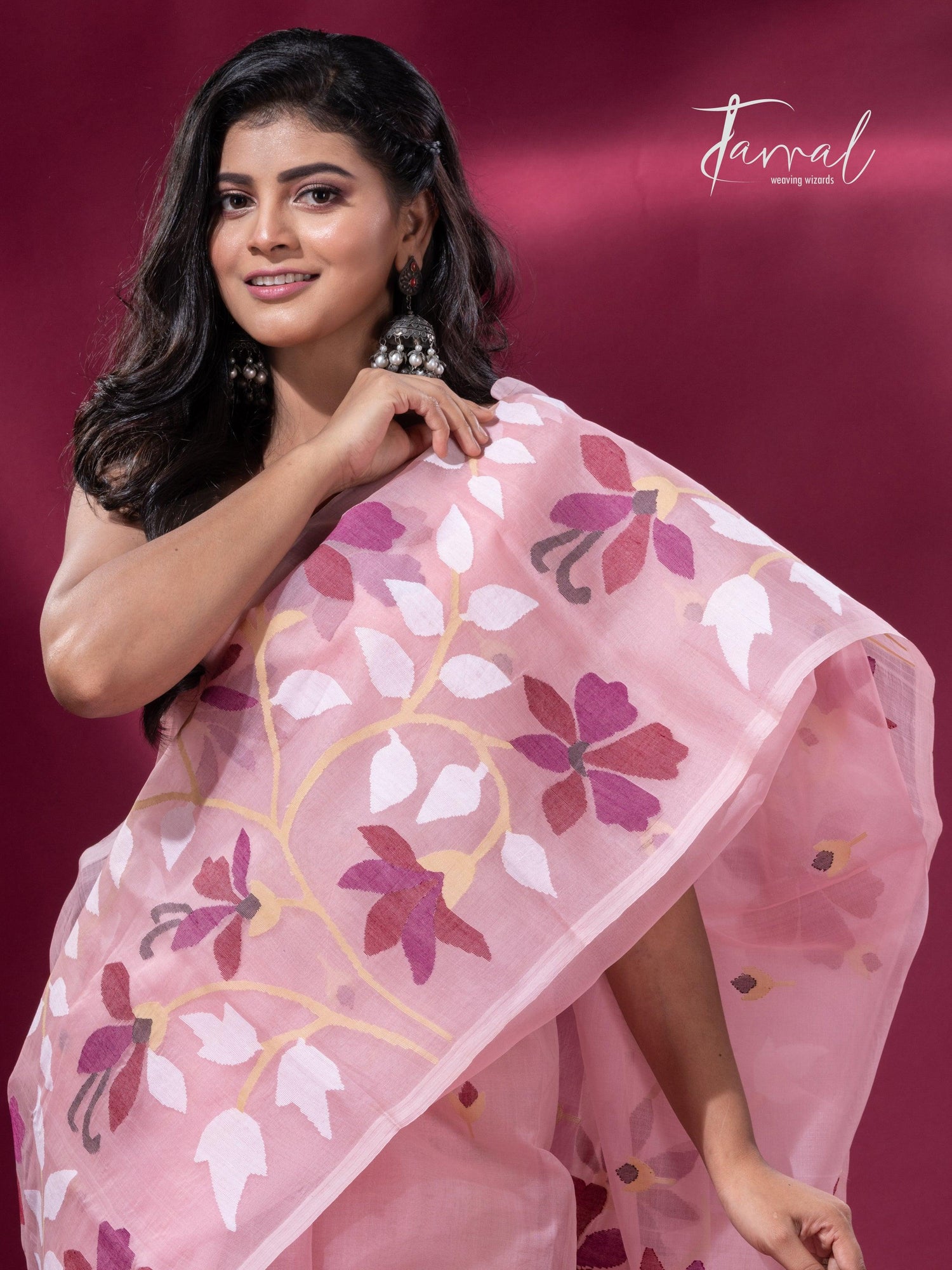 Deep Dust Pink & maroon muslin silk handwoven jamdani saree2