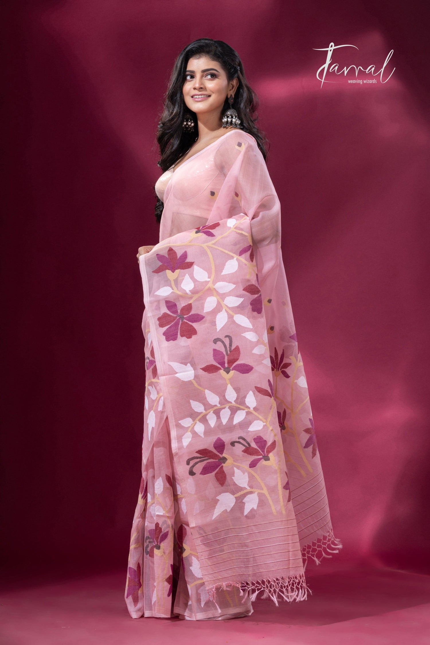 Deep Dust Pink & maroon muslin silk handwoven jamdani saree3