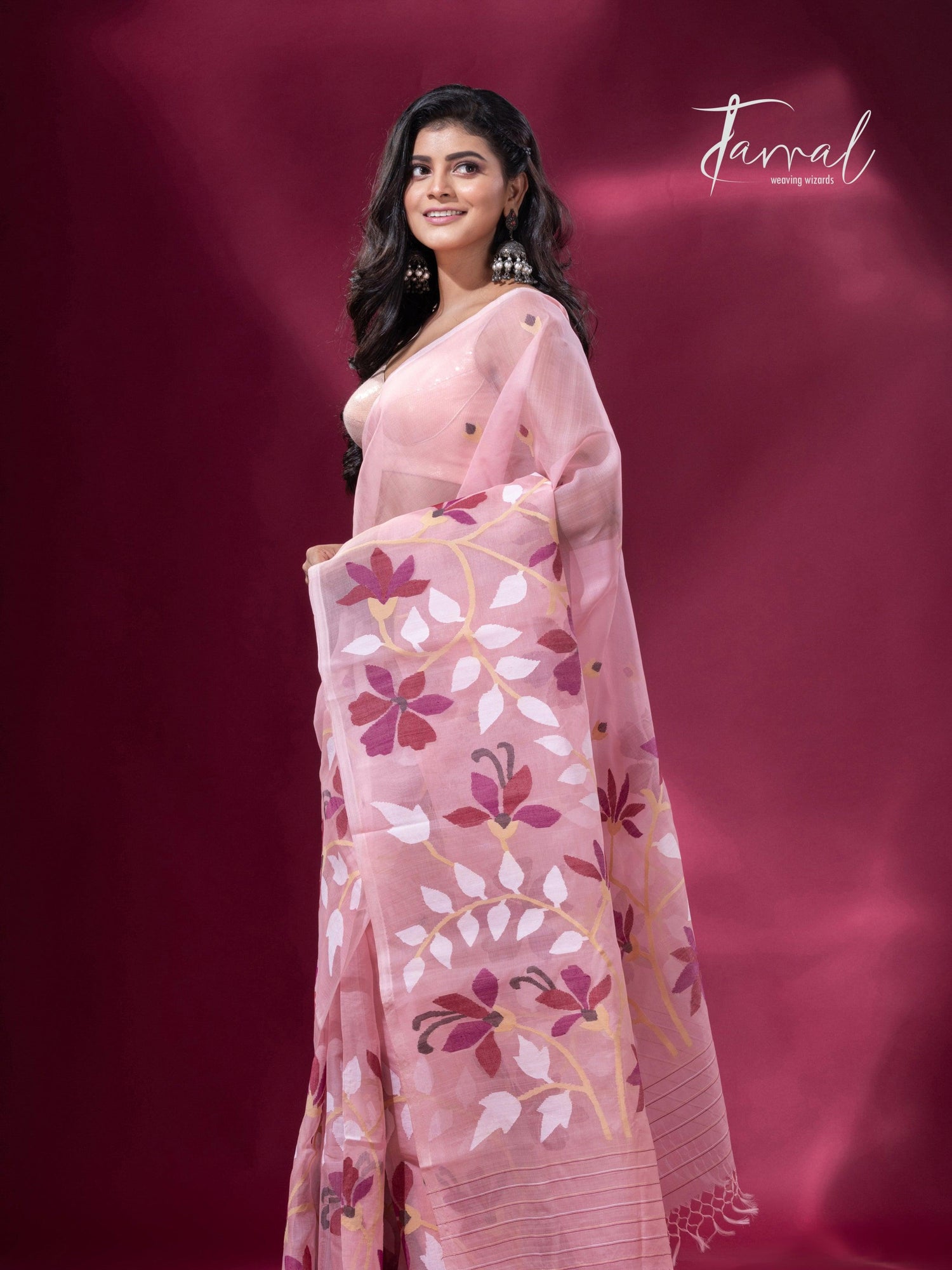 Deep Dust Pink & maroon muslin silk handwoven jamdani saree3