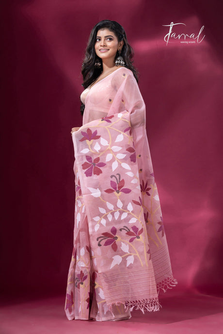 Deep Dust Pink & maroon muslin silk handwoven jamdani saree3