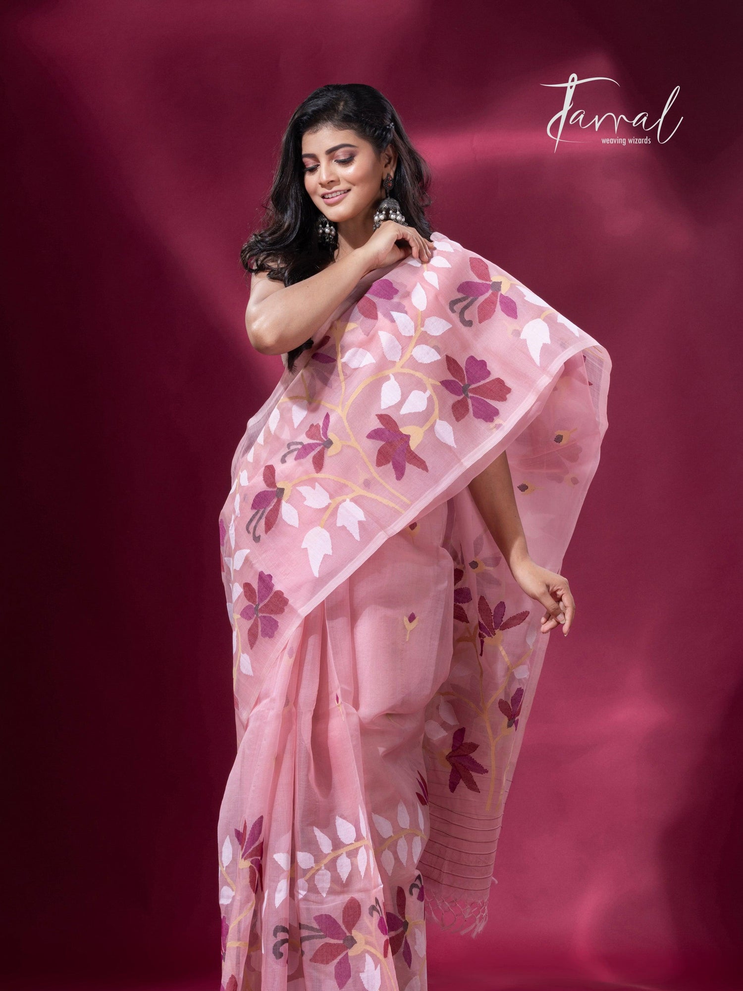 Deep Dust Pink & maroon muslin silk handwoven jamdani saree4