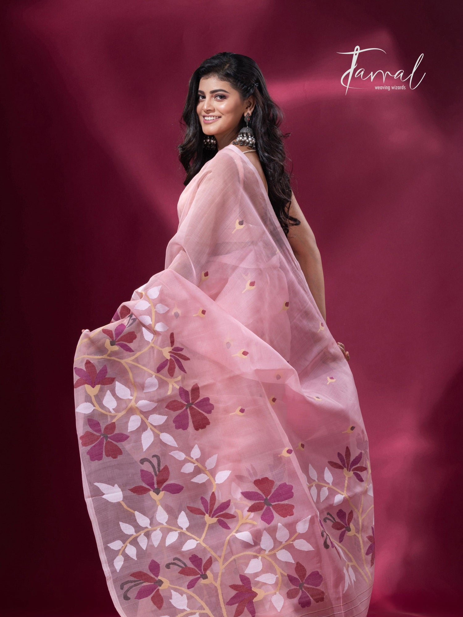 Deep Dust Pink & maroon muslin silk handwoven jamdani saree left