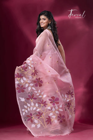 Deep Dust Pink & maroon muslin silk handwoven jamdani saree left
