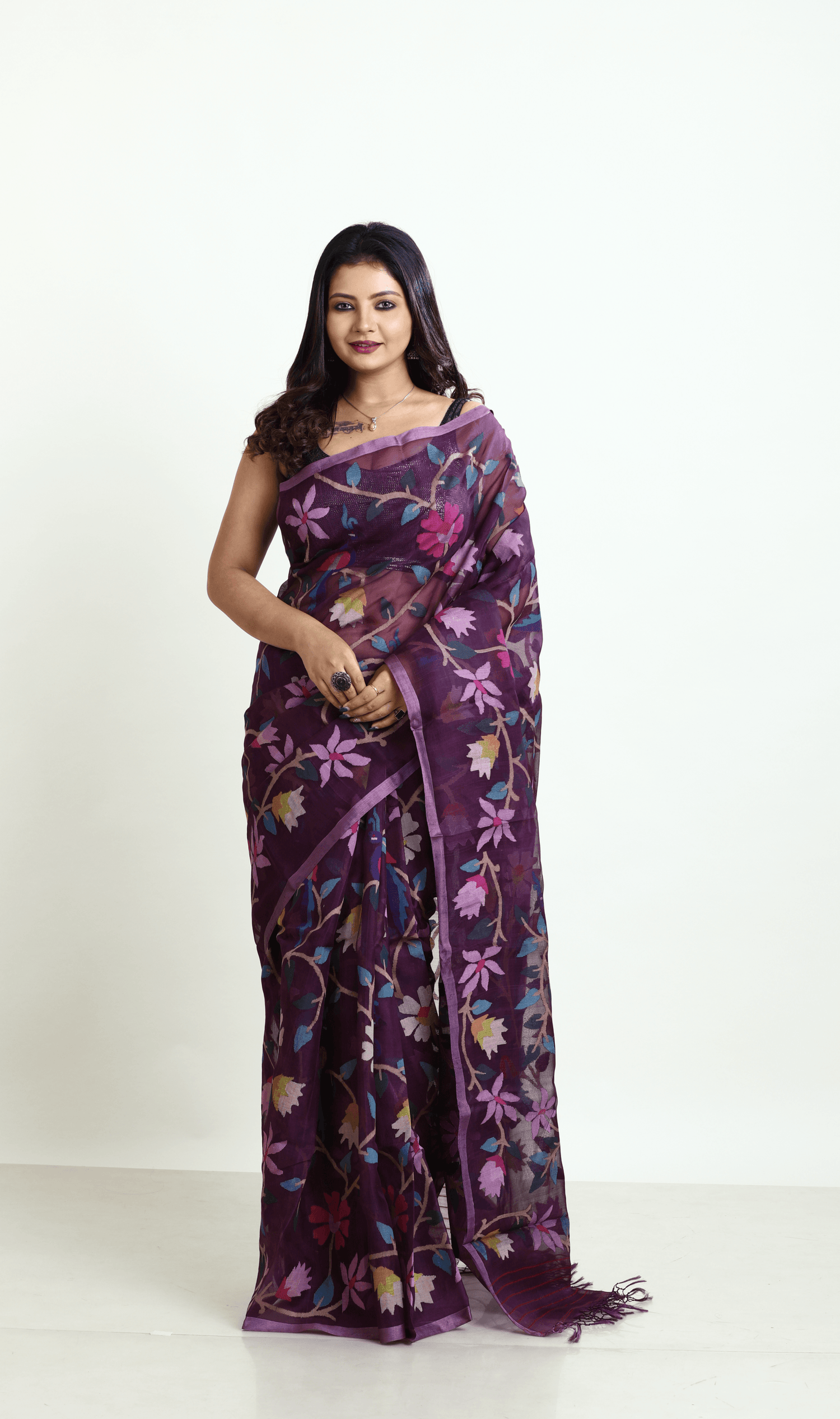 Deep Magenta all over Peacock with floral handwoven muslin silk jamdani saree - Tamal Boutique