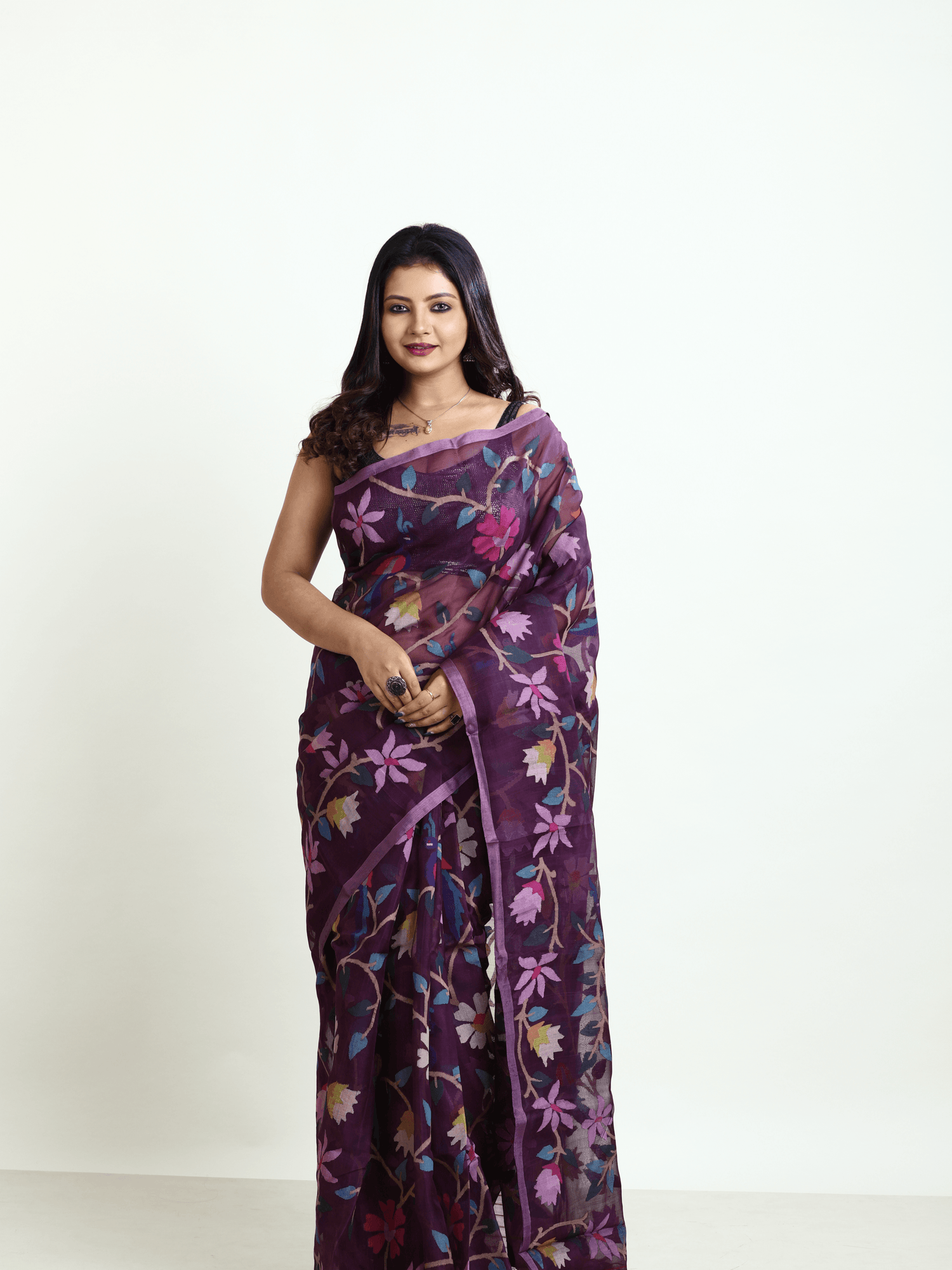 Deep Magenta all over Peacock with floral handwoven muslin silk jamdani saree - Tamal Boutique