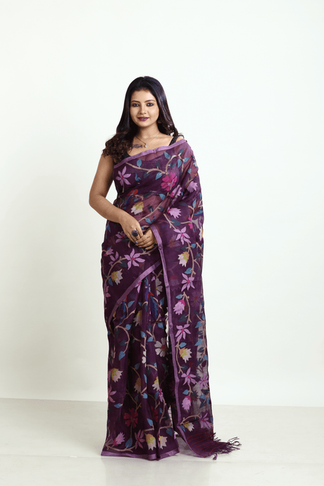 Deep Magenta all over Peacock with floral handwoven muslin silk jamdani saree - Tamal Boutique