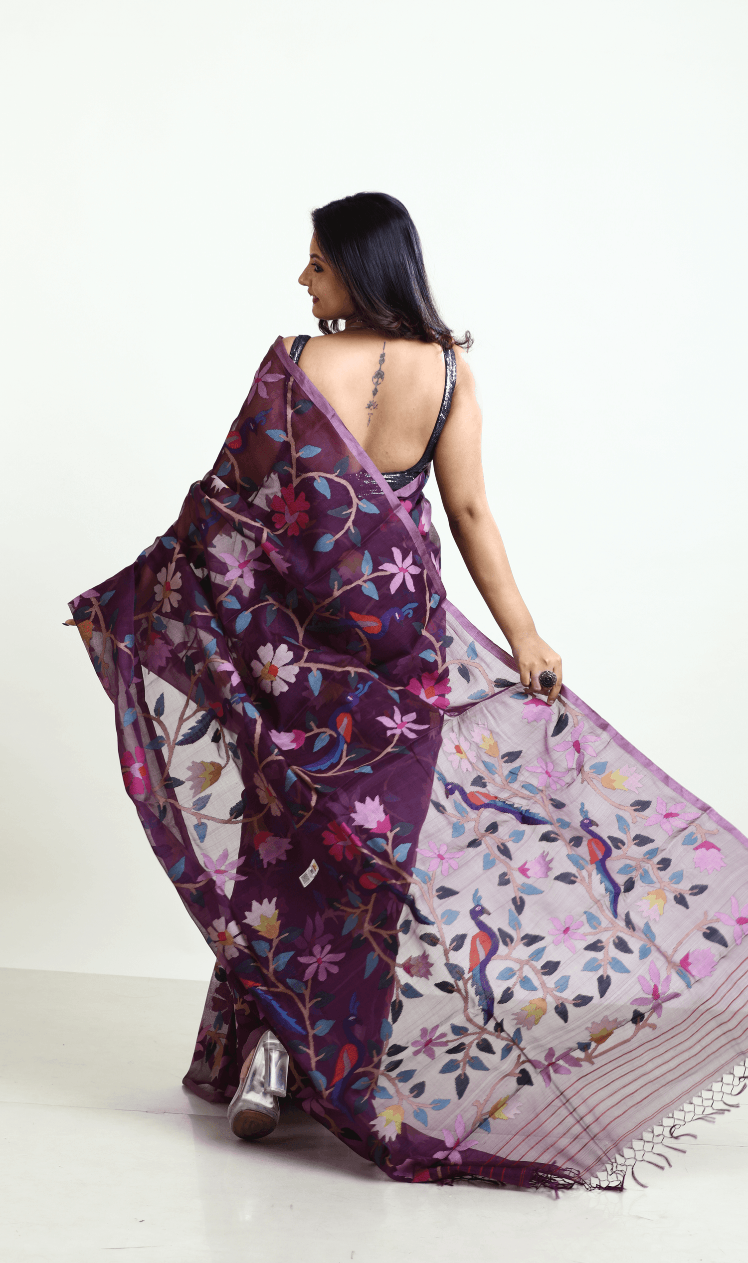 Deep Magenta all over Peacock with floral handwoven muslin silk jamdani saree - Tamal Boutique