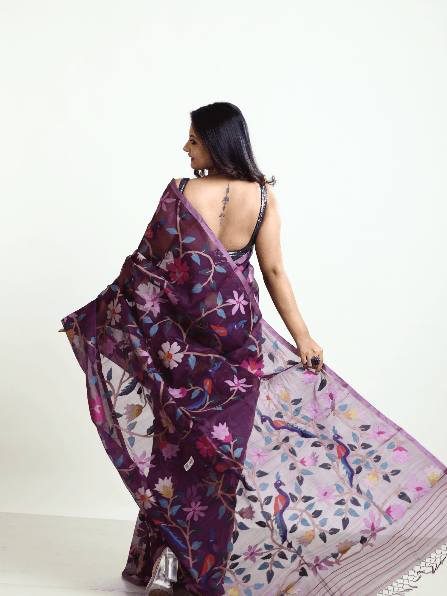 Deep Magenta all over Peacock with floral handwoven muslin silk jamdani saree - Tamal Boutique