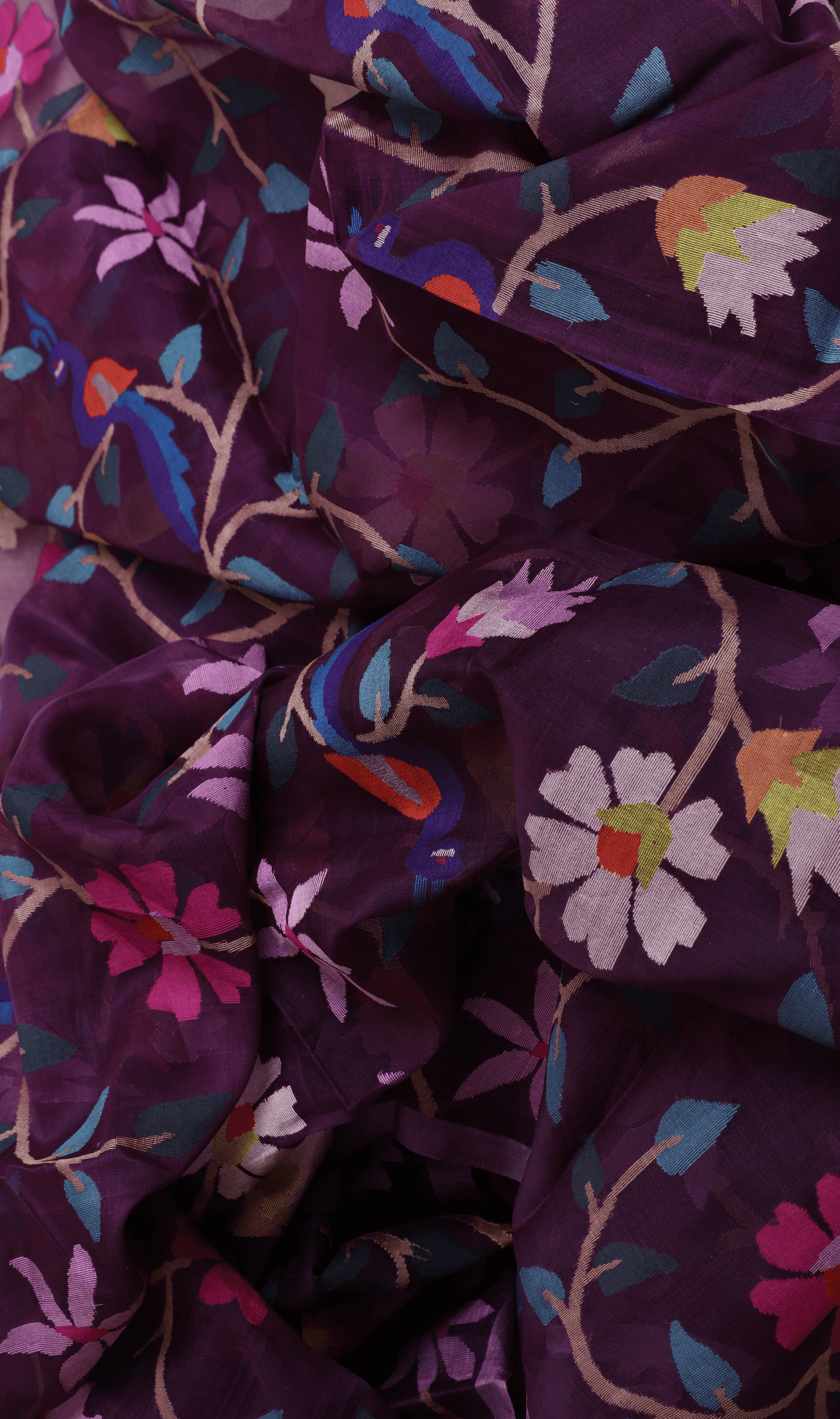 Deep Magenta all over Peacock with floral handwoven muslin silk jamdani saree - Tamal Boutique