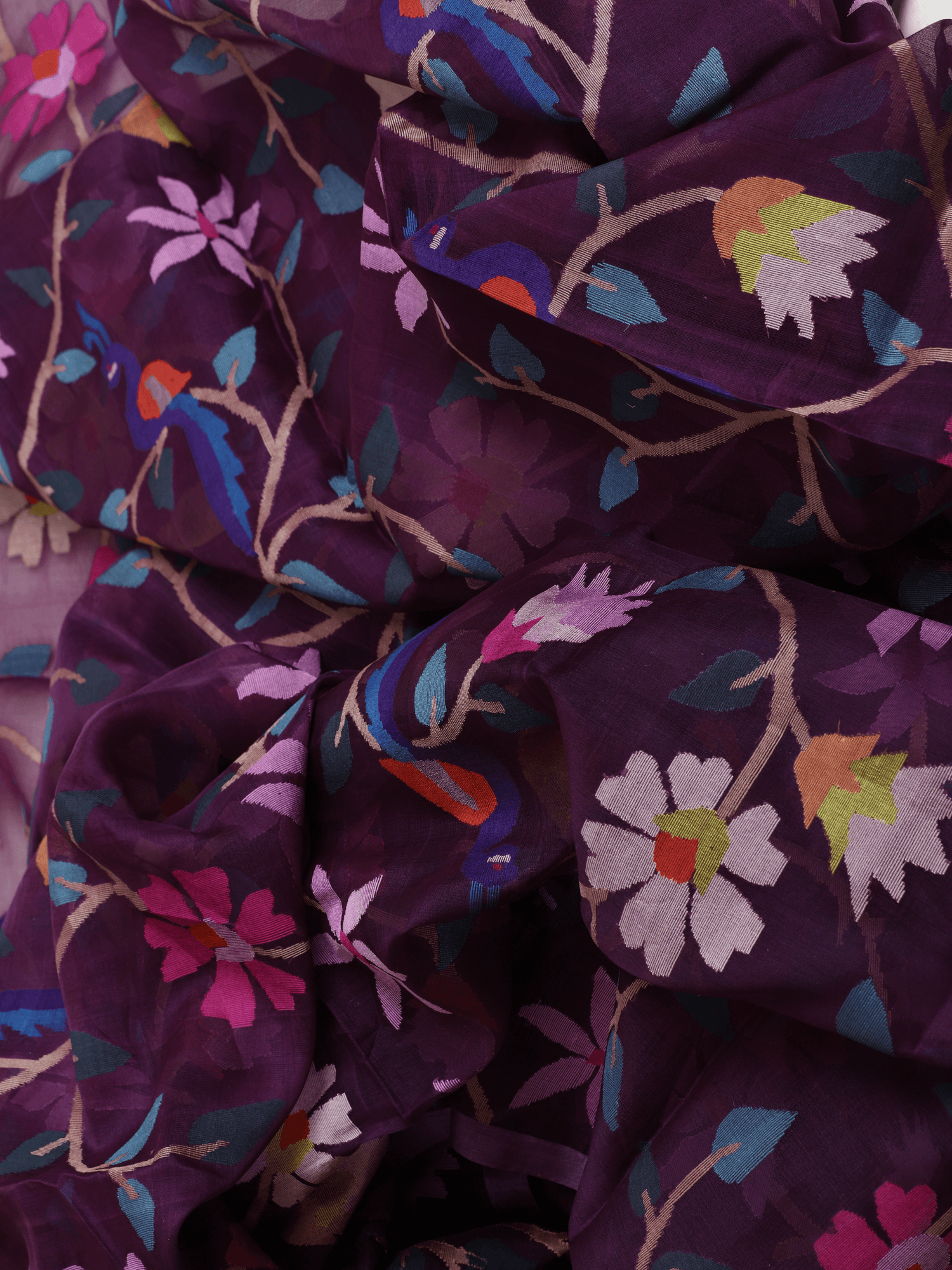 Deep Magenta all over Peacock with floral handwoven muslin silk jamdani saree - Tamal Boutique