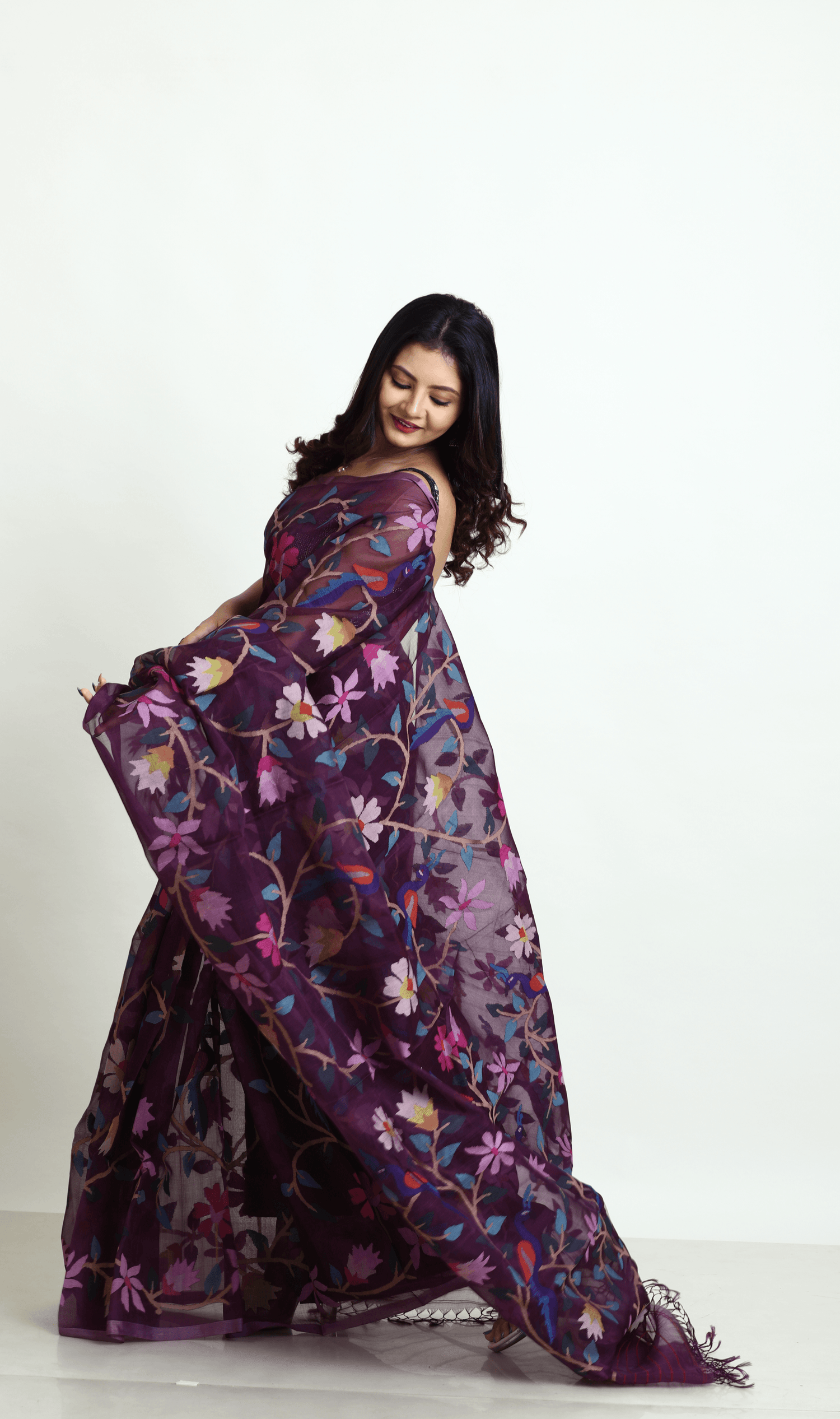 Deep Magenta all over Peacock with floral handwoven muslin silk jamdani saree - Tamal Boutique