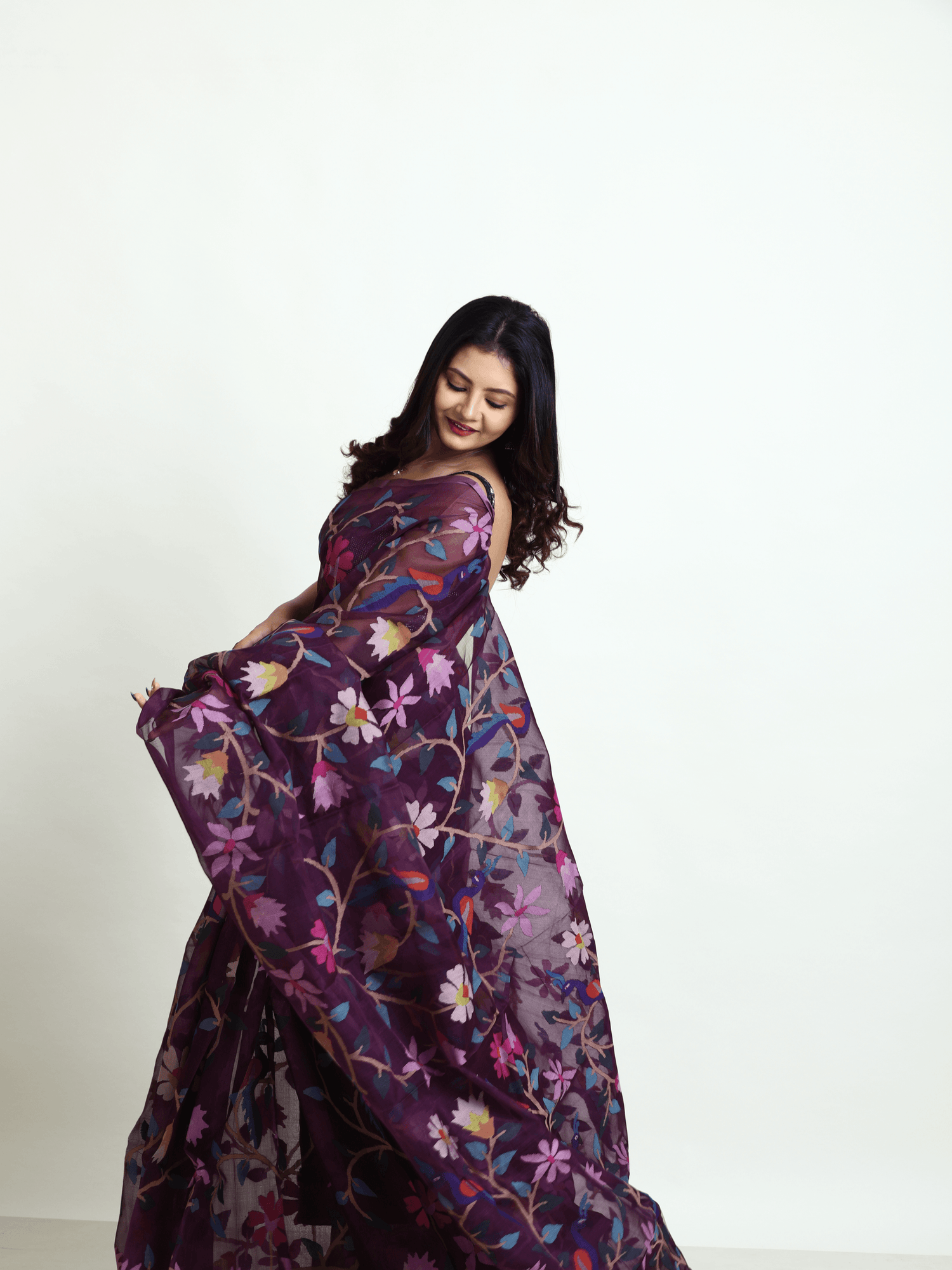 Deep Magenta all over Peacock with floral handwoven muslin silk jamdani saree - Tamal Boutique