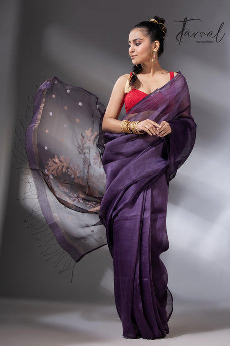 Deep Magenta silk linen handwoven jamdani saree in Kolkata