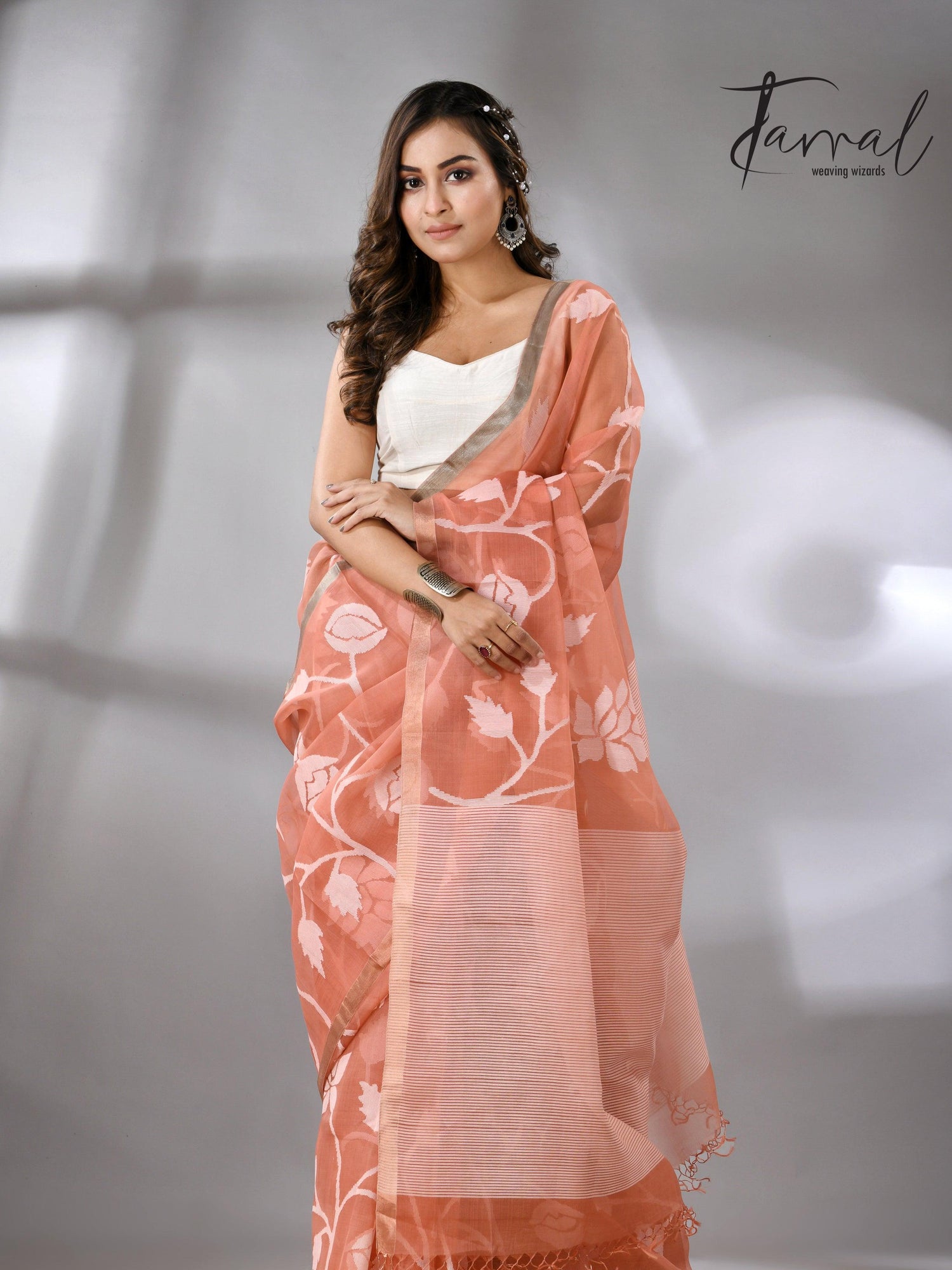 Deep Peach Handwoven Jamdani Saree with White Rose Motifs