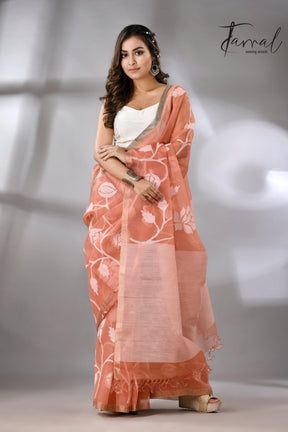 Deep Peach Handwoven Jamdani Saree with White Rose Motifs