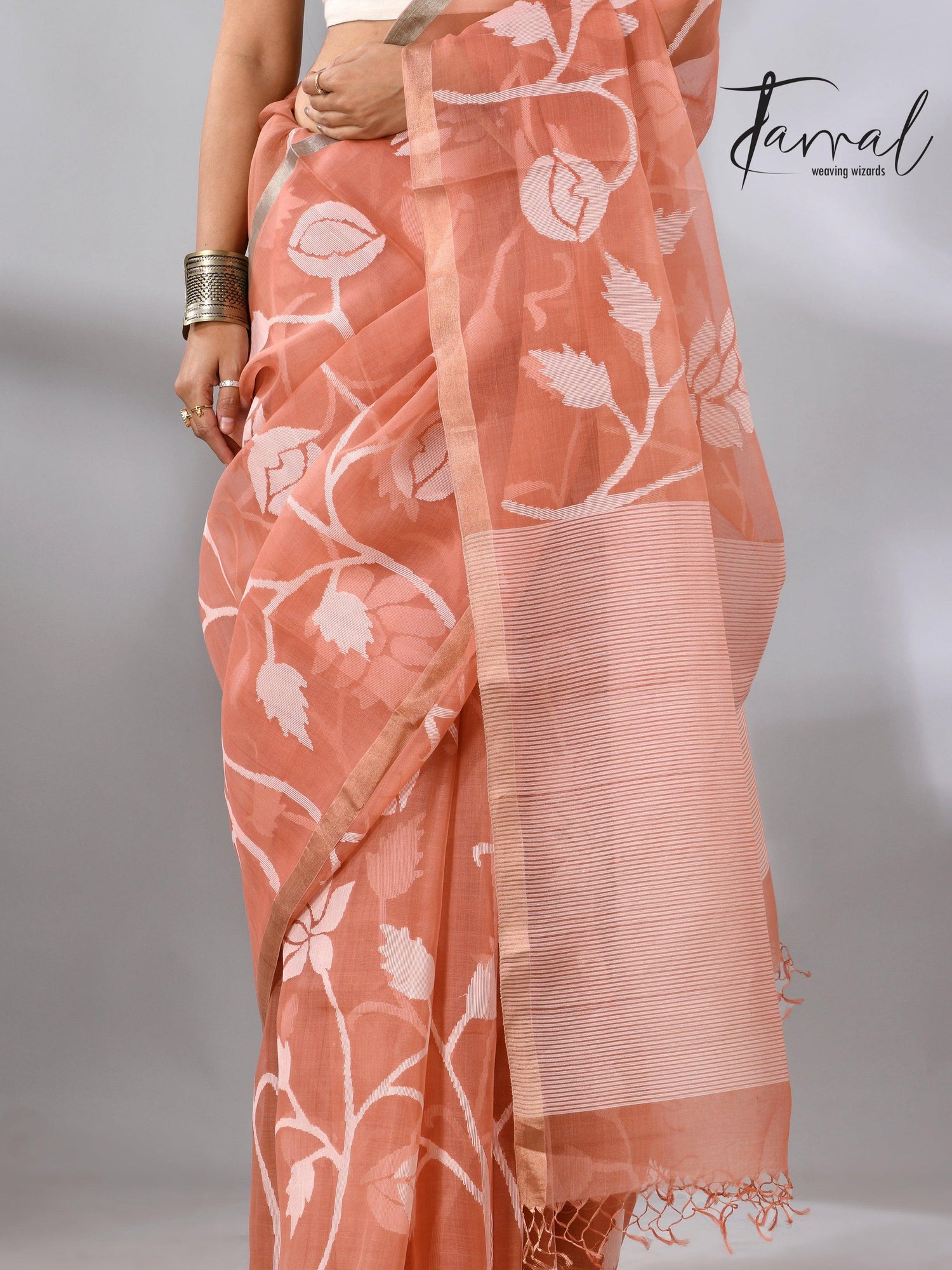 Deep Peach Handwoven Jamdani Saree with White Rose Motifs bottom
