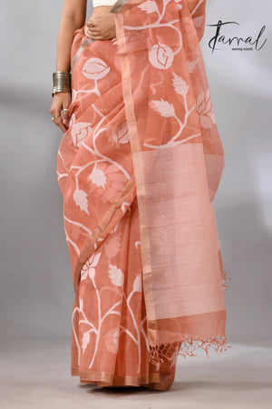 Deep Peach Handwoven Jamdani Saree with White Rose Motifs bottom