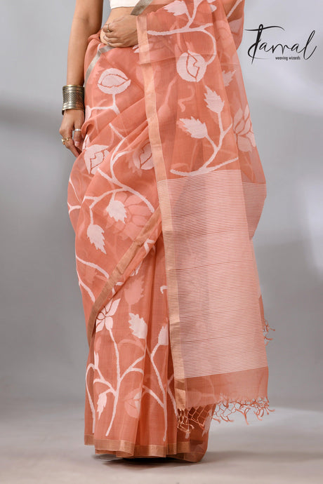 Deep Peach Handwoven Jamdani Saree with White Rose Motifs bottom
