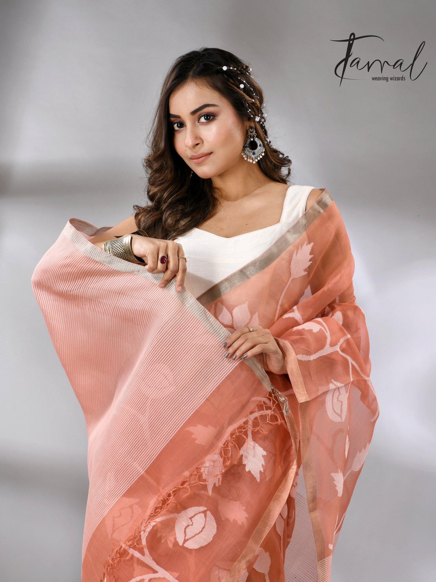 Deep Peach Handwoven Jamdani Saree with White Rose Motifs full