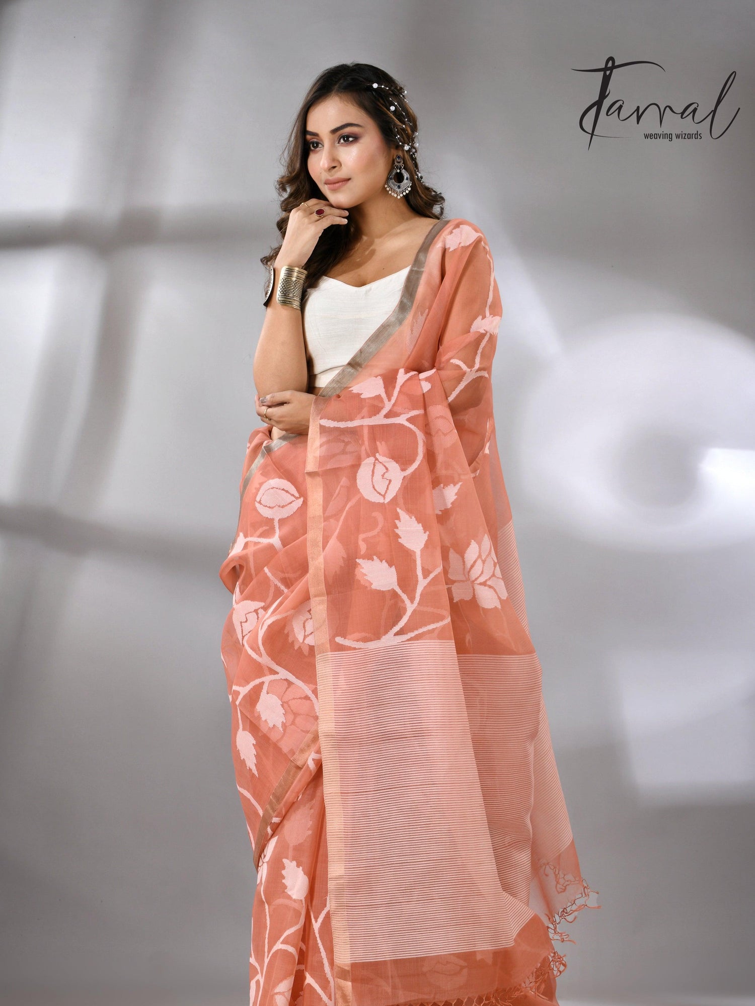 Deep Peach Handwoven Jamdani Saree with White Rose Motifs full2